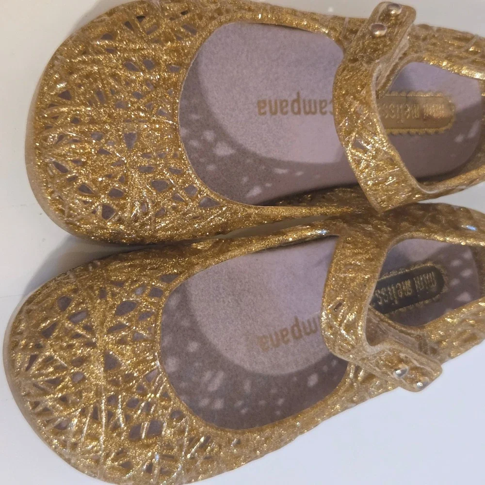 Mini Melissa Campana Zig Zag Gold Glitter Jelly Flats Shoes Toddler Girl Size 7